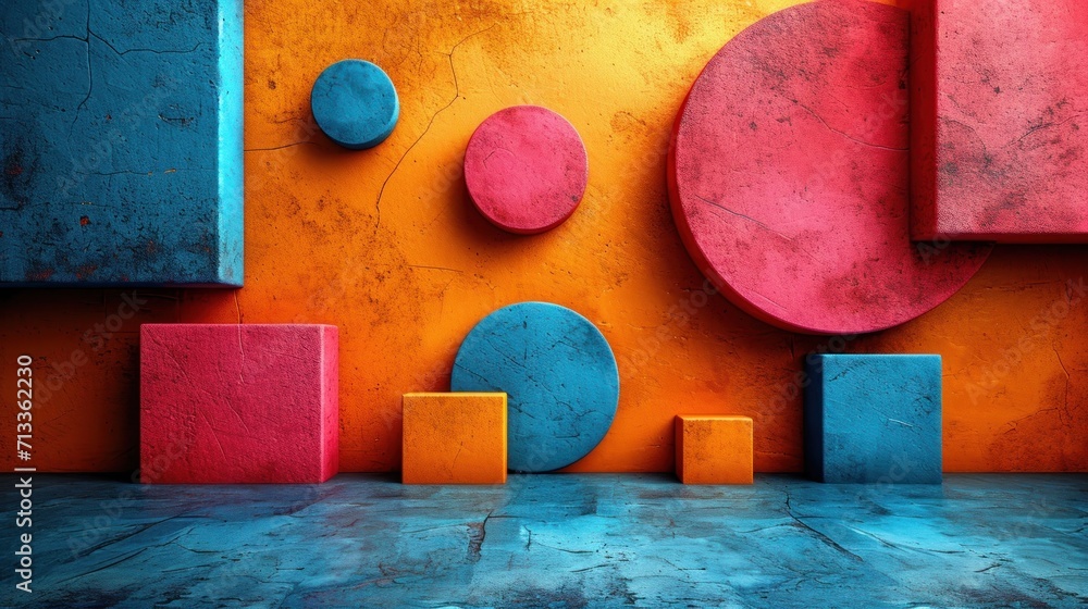 Poster a wall with a bunch of different colored shapes on it and a red one on the other side of the wall.