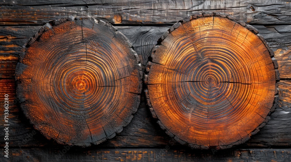 Poster two wooden logs on a wooden wall, each with a cross section of a tree trunk the logs are arranged in