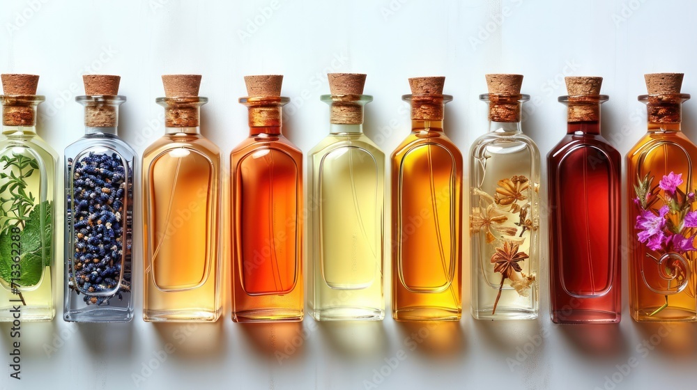 Aufkleber a row of glass bottles filled with different types of oils and herbs on top of a white surface with 