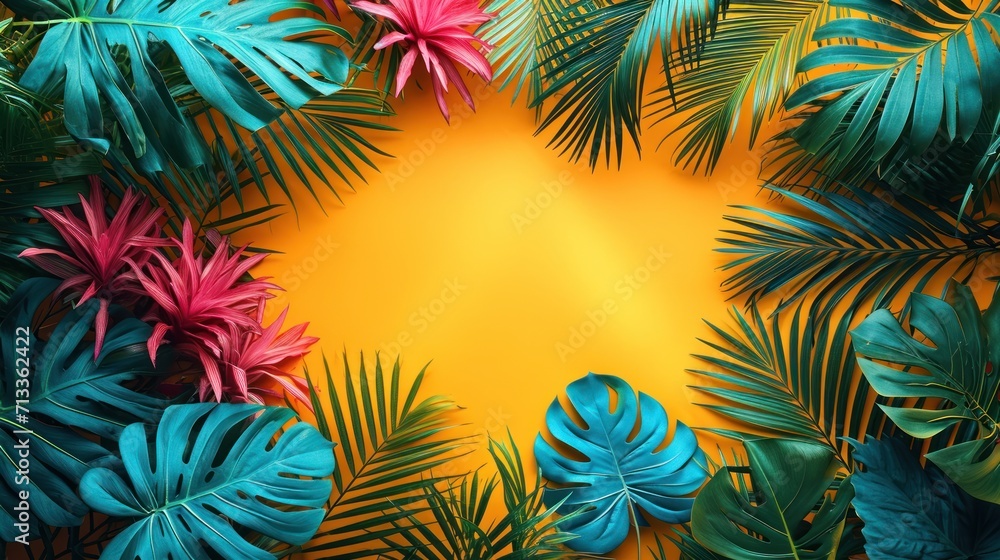Poster a group of tropical leaves on a yellow background with a place for the text in the center of the ima