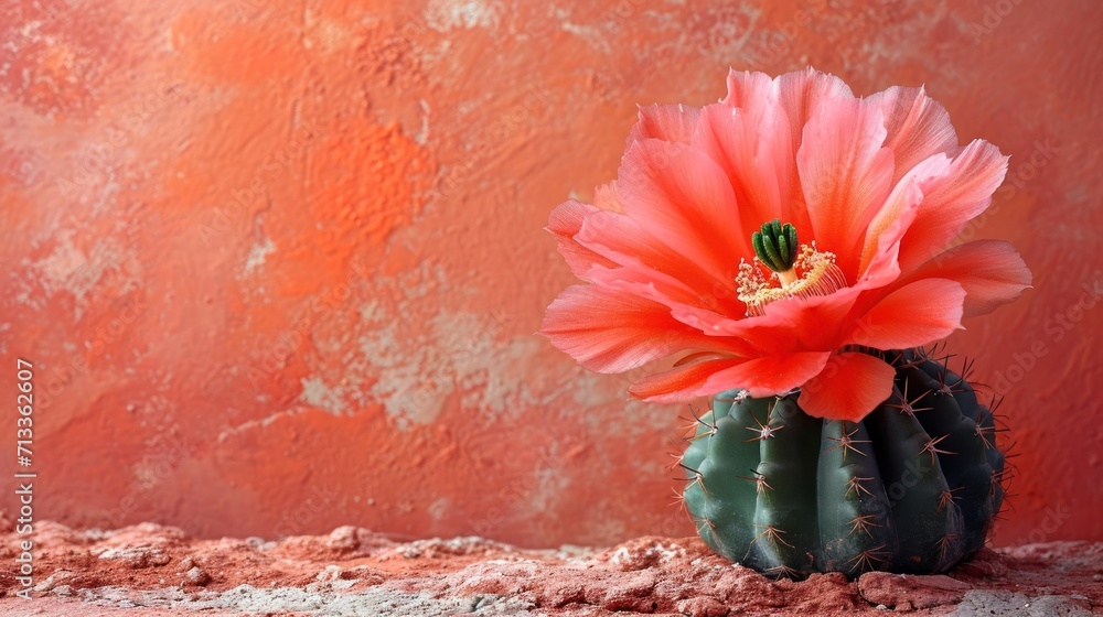 Poster a cactus with a pink flower in front of a red wall with a green cactus in the middle of it.