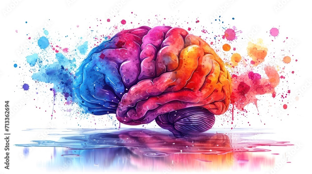 Aufkleber a watercolor painting of a human brain with colorful paint splatters on the side of the brain and th