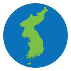 North Korea and South Korea map. Map of Korea in green color in globe design with blue circle color.