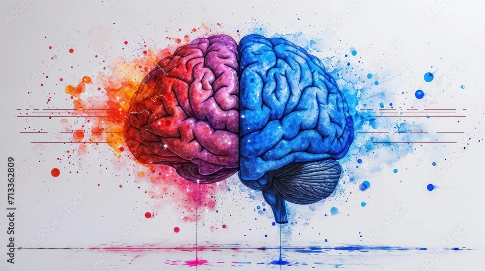 Poster a painting of a human brain with a splash of paint on the left side of the brain and the right side 