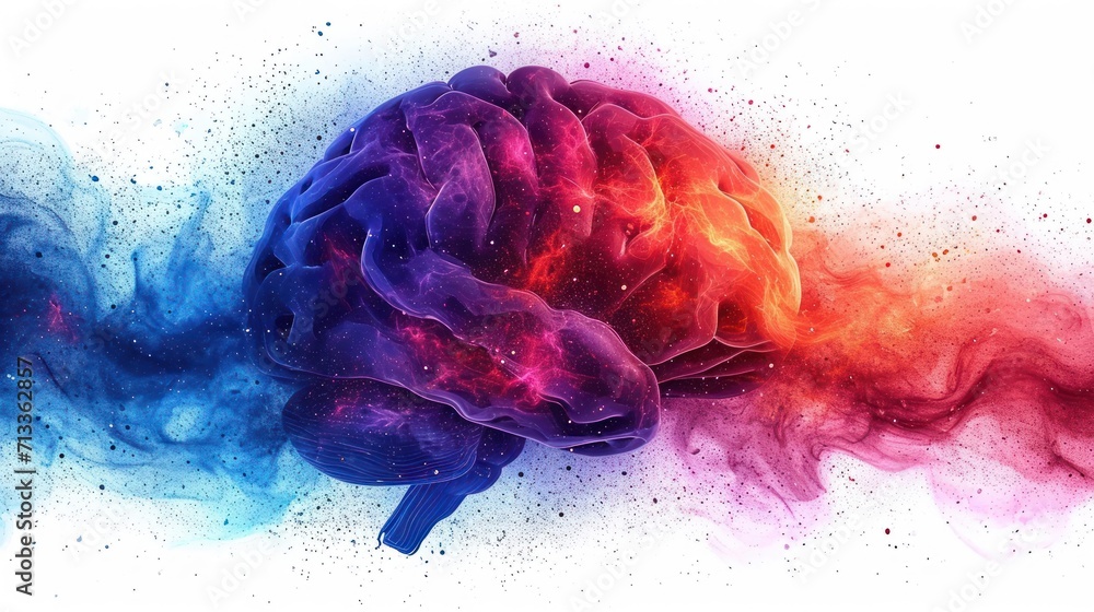 Poster an image of a colorful brain with smoke coming out of the top of the left side of the brain and the 