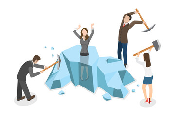 3D Isometric Flat  Conceptual Illustration of Ice Breaking Activity, Business Cooperation