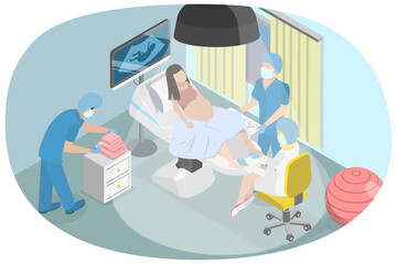 3D Isometric Flat  Conceptual Illustration of Childbirth, Pregnant Woman Giving Birth to a Baby in Hospital