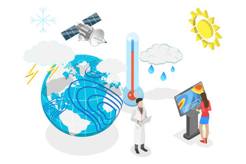 3D Isometric Flat  Conceptual Illustration of Meteorologist, Weather Broadcast - obrazy, fototapety, plakaty