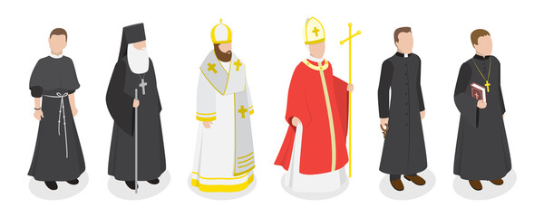 3D Isometric Flat  Set of Religious Leaders, Character Dressed in Classical Robes - obrazy, fototapety, plakaty