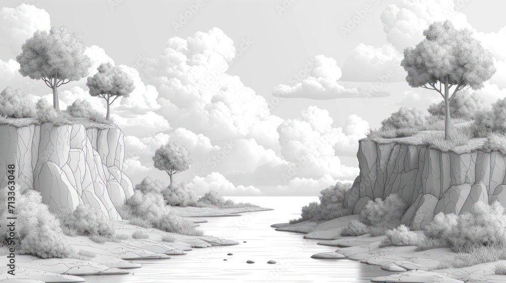 Poster a black and white drawing of a landscape with trees on a cliff and a river running through the middl