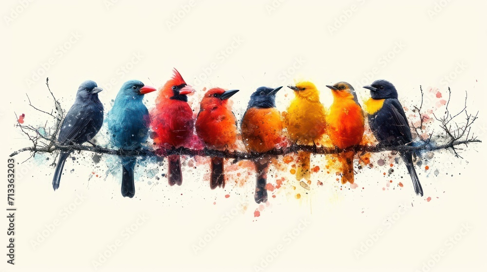 Poster a group of birds sitting on top of a tree branch with paint splattered on the top of it.