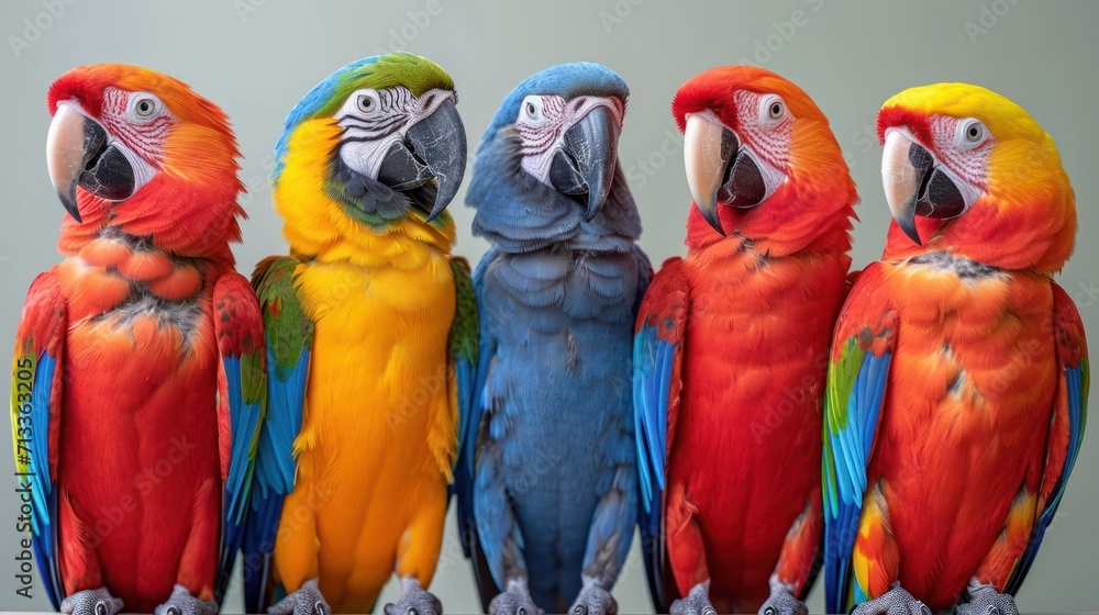 Poster a group of multicolored parrots sitting next to each other on top of a wooden table in front of a gr