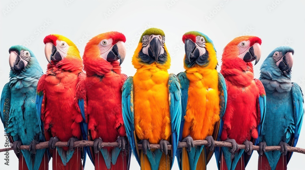 Poster a group of colorful parrots sitting on top of each other on top of a tree branch in front of a white