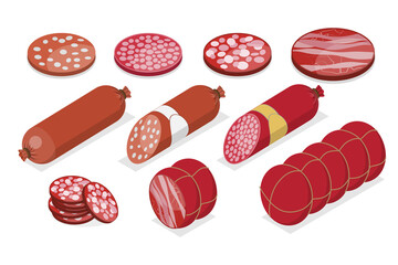 3D Isometric Flat  Set of Sausages and Meat Products, Butcher Store Production