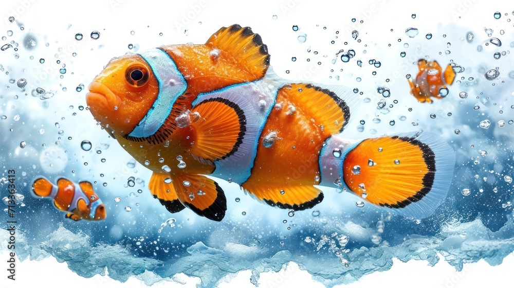 Poster a close up of a clown fish in the water with bubbles of water on the bottom and bottom of the image.