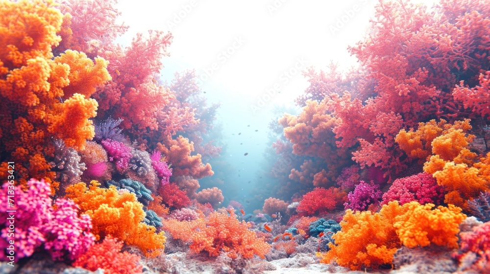 Poster an underwater view of a coral reef with lots of colorful corals on the bottom and bottom of the wate