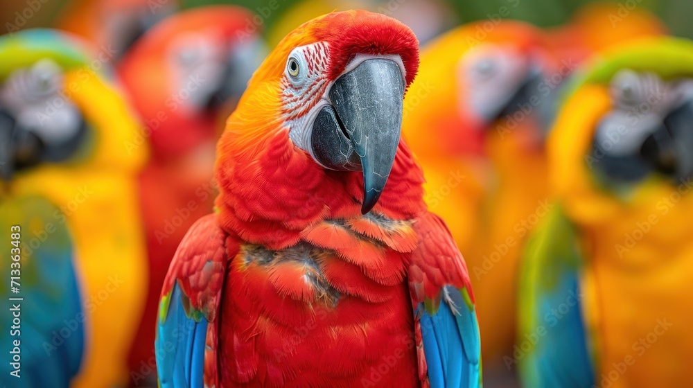 Poster a group of multicolored parrots standing next to each other in front of a group of other parrots.