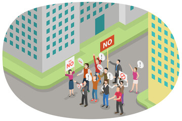 3D Isometric Flat  Conceptual Illustration of Revolution or Demonstration, Protesting People