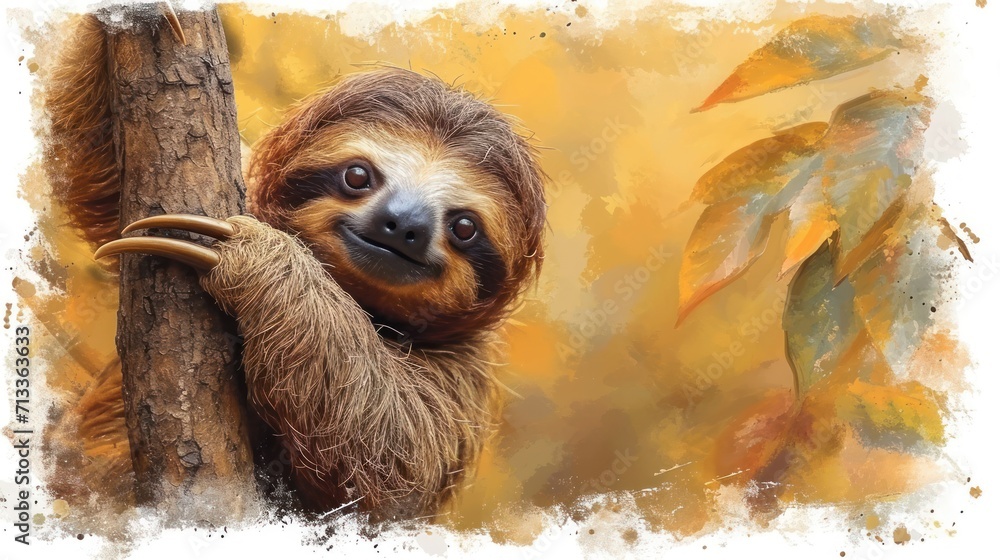 Poster a painting of a sloth hanging on a tree branch with its head hanging over the edge of the branch.