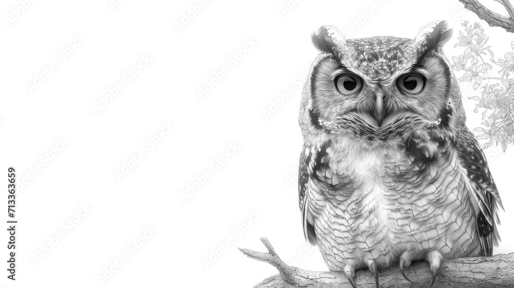 Poster a black and white photo of an owl sitting on a branch with a tree branch in the background and a tre