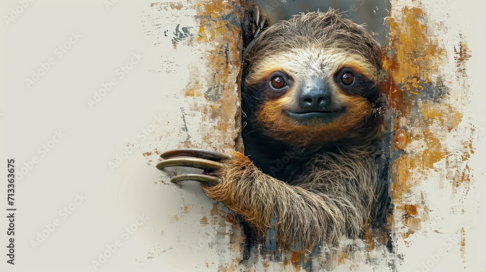 Poster  a sloth hanging out of a hole in a wall with a banana in it's hand and looking at the camera.