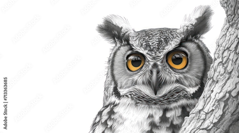 Poster a drawing of an owl with a moustache on it's face sitting next to a tree branch.