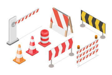 3D Isometric Flat  Set of Traffic Road Barriers , Roadblocks and Barricades