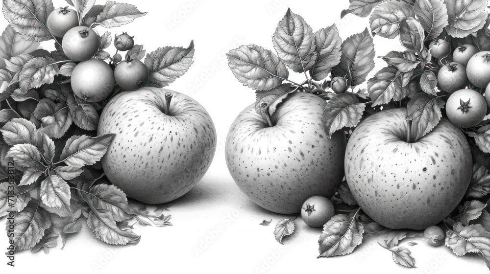 Poster a black and white photo of apples with leaves and leaves on the bottom and bottom of the image on th