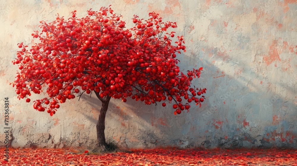 Poster a tree with lots of red berries growing out of it's trunk in front of a wall with a shadow cast on i