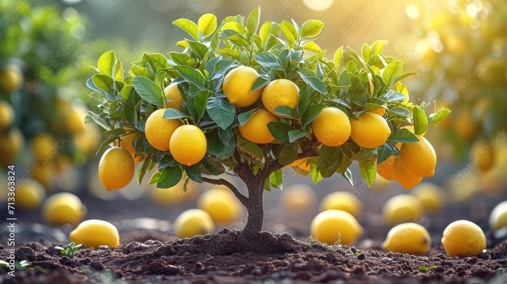 Poster a small tree with lots of lemons growing on top of it in the middle of a field of dirt.