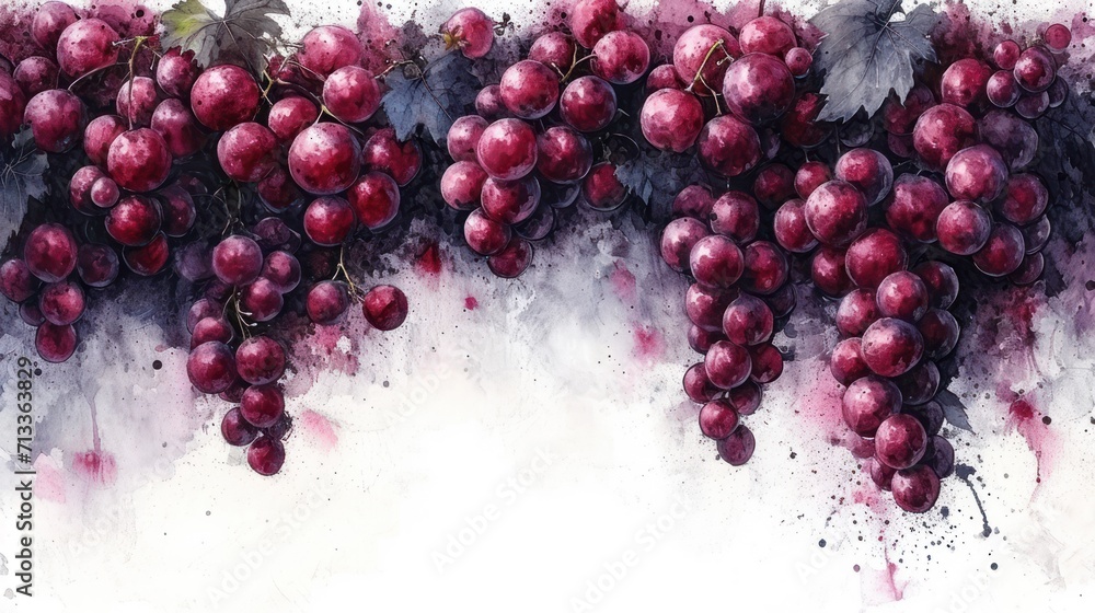 Poster a painting of a bunch of red grapes on a white background with a leafy branch in the middle of the p
