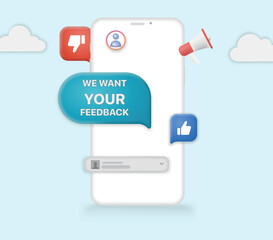 We Want Your Feedback. Customer Feedback Survey Service concept. Advertising banner in mobile.