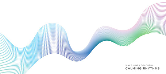 Wave lines calming rhythms colorful blue pink tosca green in white background fit for music sound waves, AI technology, digital, and more
