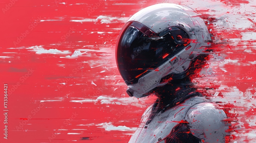 Poster a man in a white suit and helmet standing in front of a red background he is wearing a helmet and ha