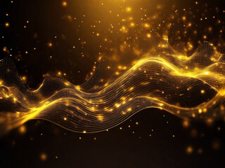 Onda di particelle giallo digitali e sfondo astratto di energia con stelle e puntini brillanti