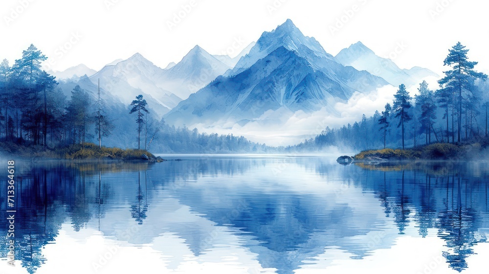Poster a painting of a mountain range with a lake in the foreground and trees in the foreground and fog in 