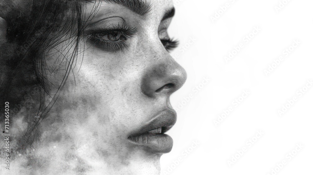 Wall mural  a black and white photo of a woman's face with steam coming out of her eyes and a cigarette coming out of her mouth.