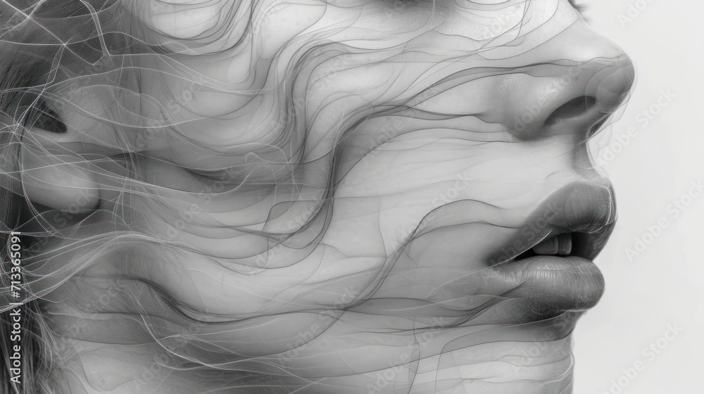 Canvas Prints  a black and white photo of a woman's face with wavy lines coming out of the upper half of her face.