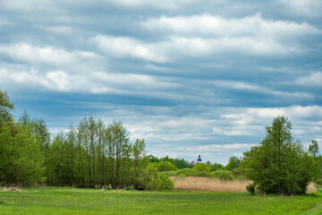 Blick von der frühlingshaften Auenlandschaft am Kanal 