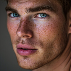 Obraz premium Handsome man, freckles, close up portrait, editorial style shot.