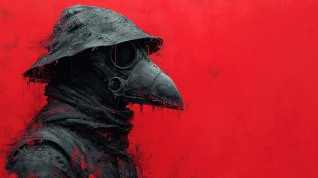  a painting of a person wearing a gas mask and a black jacket with a hood on, against a red background.