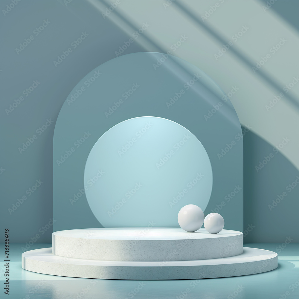 Poster 3d empty product display podium for presentations. a minimalist stage with a serene soft blue backdr