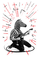 Poster. Contemporary art collage. Young guy with zebra head, who enjoys playing guitar while...