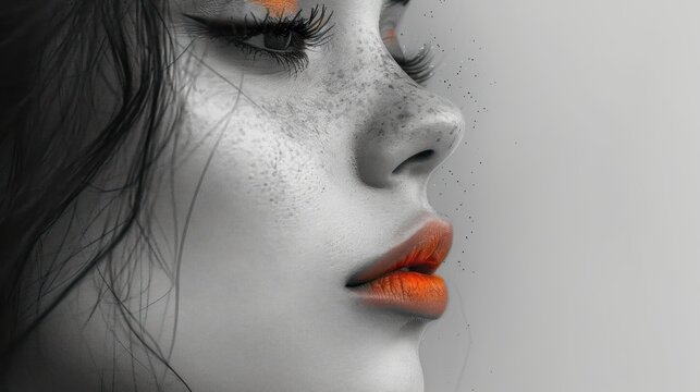  a close up of a woman's face with freckles on her face and orange lipstick on her lips.