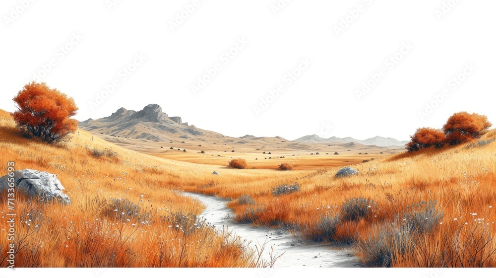 Poster a painting of a grassy field with a stream in the foreground and a mountain range in the distance in
