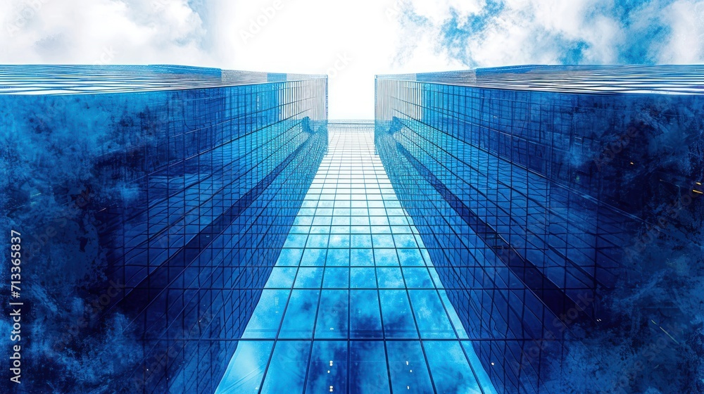 Poster a very tall building with a lot of windows on it's sides and a sky filled with clouds in the backgro