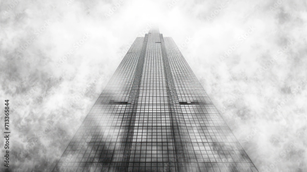 Poster  a black and white photo of a tall building with a lot of clouds around it and a plane flying in the sky.