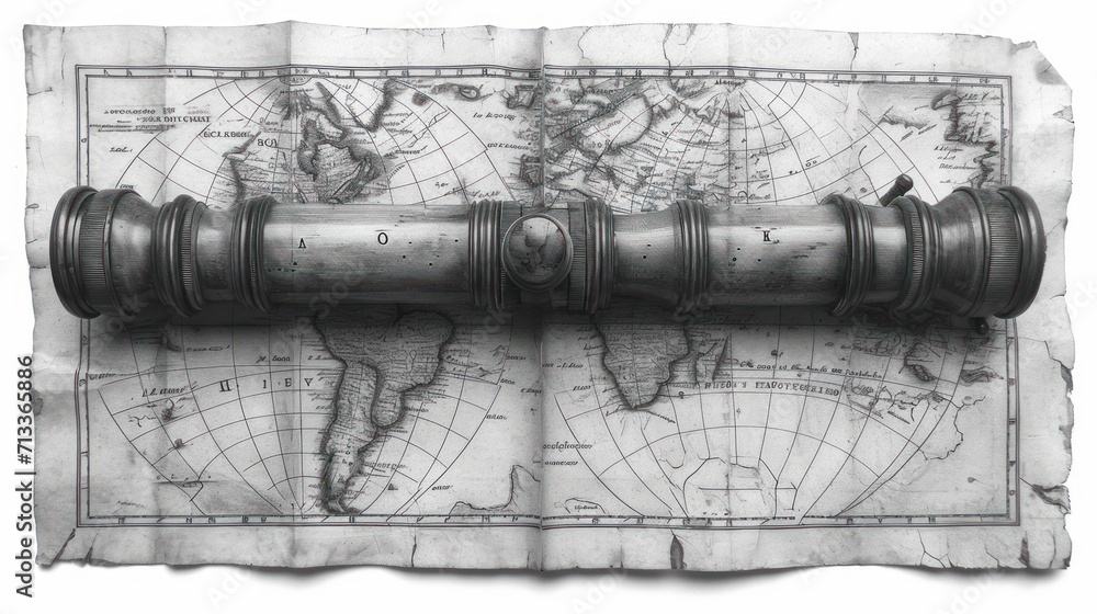 Poster a drawing of a telescope on top of a piece of paper with a map of the world in the background.