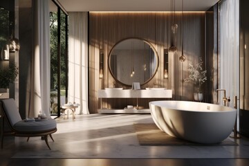 3D render showcasing a luxurious bathroom with modern fixtures, elegant lighting, and spa-like ambiance