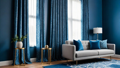Soft gray walls with a vibrant blue accent wall bold geometric patterned curtains and sleek metal furniture style